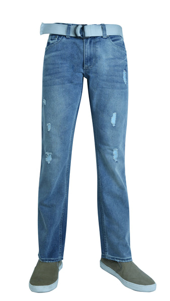 Flypaper Mens Fashion Jeans Straight Leg Regular Fit Ripped Light Blue with Belt
