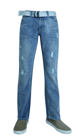 Flypaper Mens Fashion Jeans Straight Leg Regular Fit Ripped Light Blue with Belt - Flypaper Mens and Boys Jeans